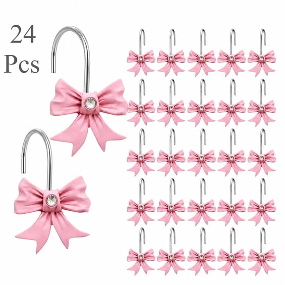 24Pcs Pink Bow Knot Decorative Curtain Rings, Smooth Hanging Curtain Accessories, Stylish Shower Hooks for Bathroom Shower Curtains