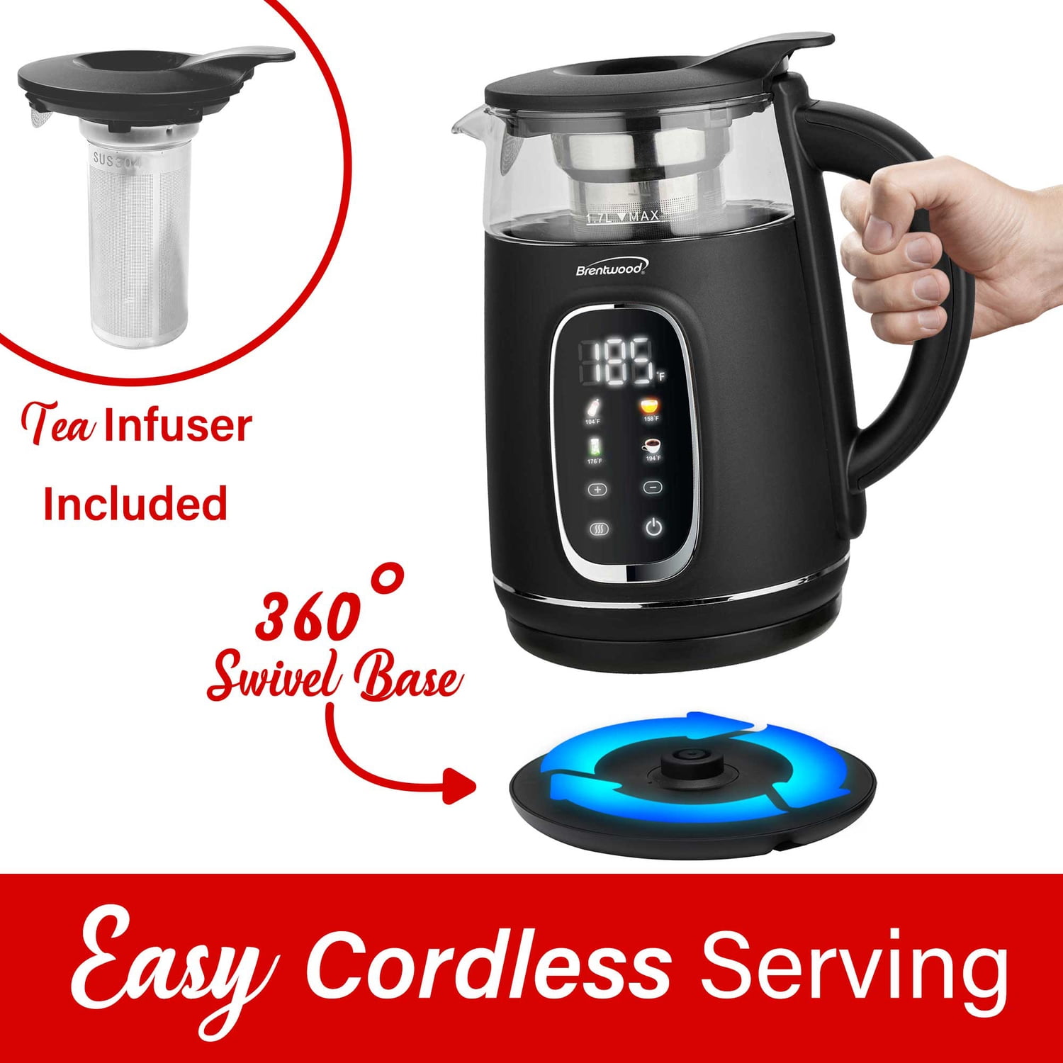 Brentwood 1,100-Watt 1.7-L Cordless Digital Glass Electric Kettle with Tea Infuser (Black), KT-2018DBK