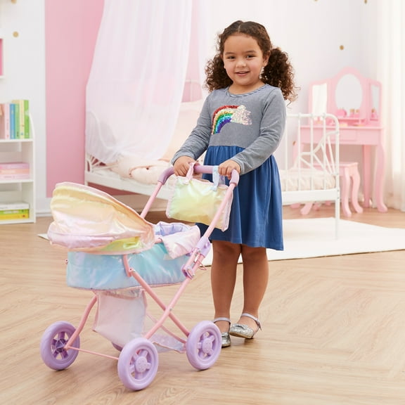 Olivia's Little World Magical Shimmer Deluxe 2-in-1 Baby Doll Stroller with Matching Mini Diaper Bag, Iridescent Rainbow