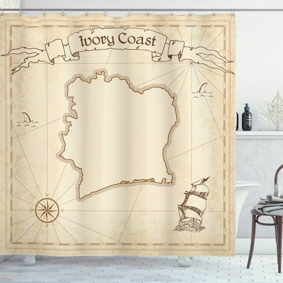 Ivory Coast Shower Curtain, Vintage Treasure Map Design Illustration of Cote D'Ivoire Country, Fabric Bathroom Set with Hooks, 69W X 70L Inches, Umber and Champagne, by Ambesonne