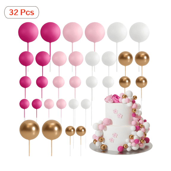 Pink & Gold Balloon Cake Topper Set - 32-Pack Foam Ball Decorations with Sticks for Wedding, Birthday Party Cakes Decor