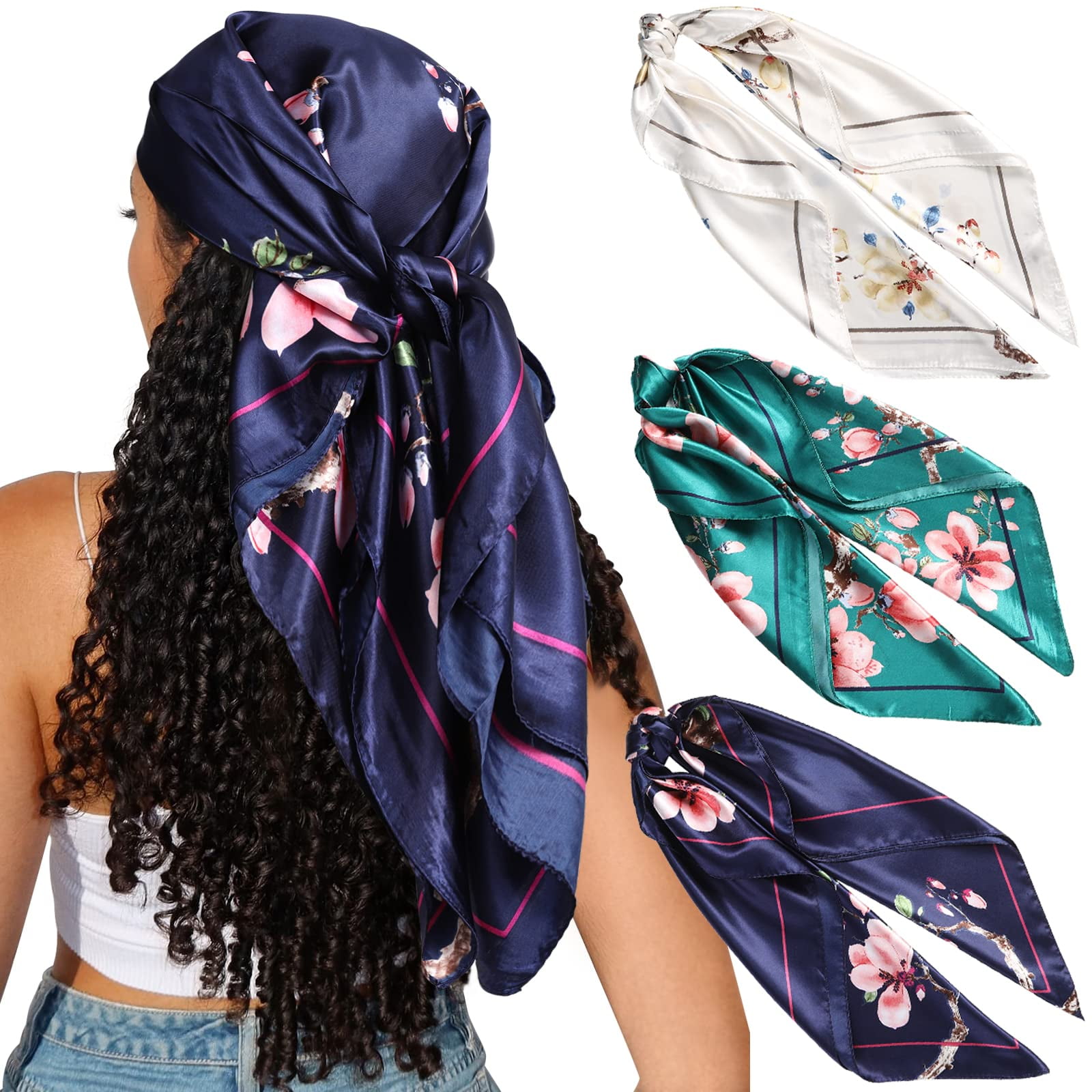 CHLINS 35" Satin Square Hair Scarf Bandanas 3Pcs Large Silk Head