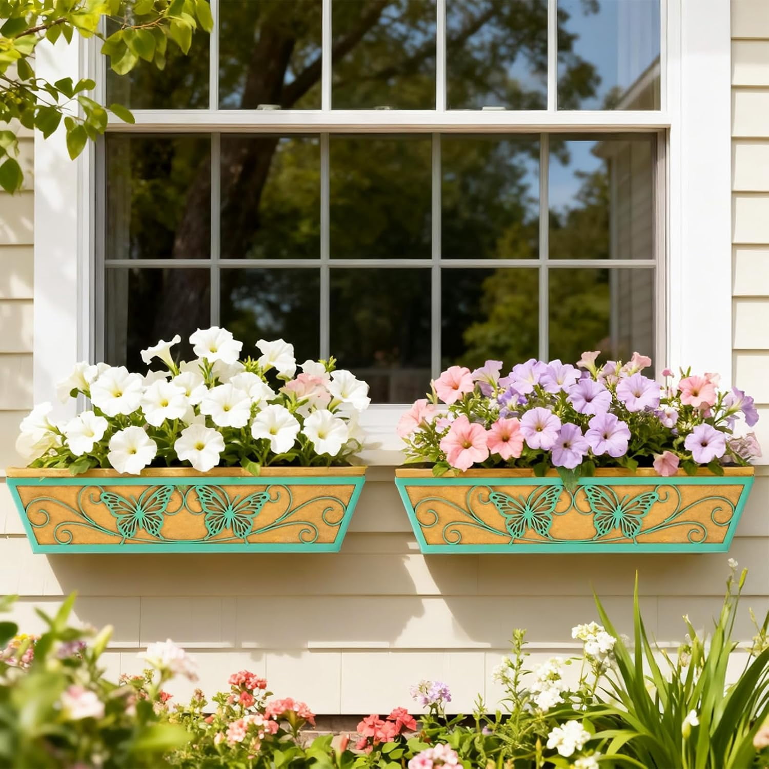 4 Pack 24 Inch Window Boxes Planter Railing Planters Box with Adjustable Brackets for Porch Deck Balcony Hanging Butterfly Decorative Flower Baskets & Non-Woven Fabric Liner for Outdoor Plants -Green