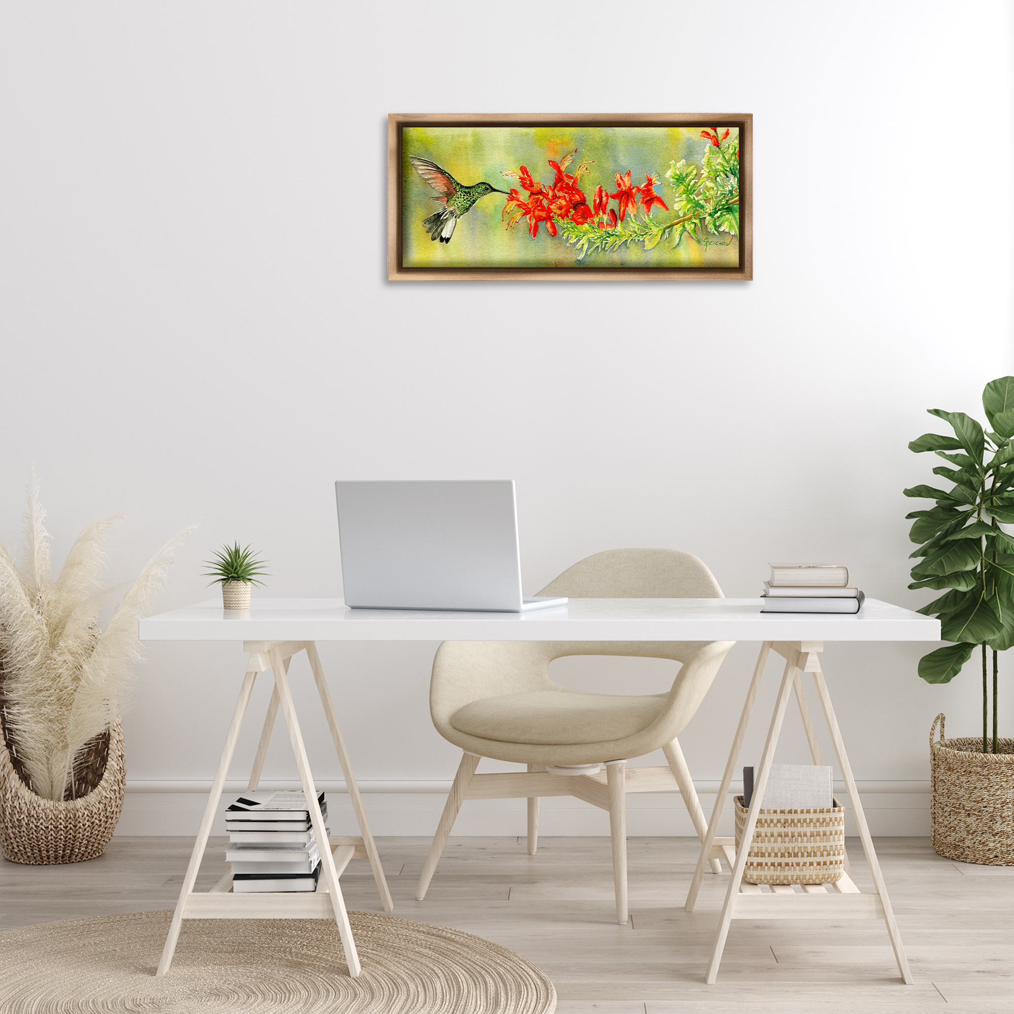 Stupell Industries Quick Sip Hummingbird Animals & Insects Painting Brown Floater Framed Canvas Art Print Wall Art, 31 x 14