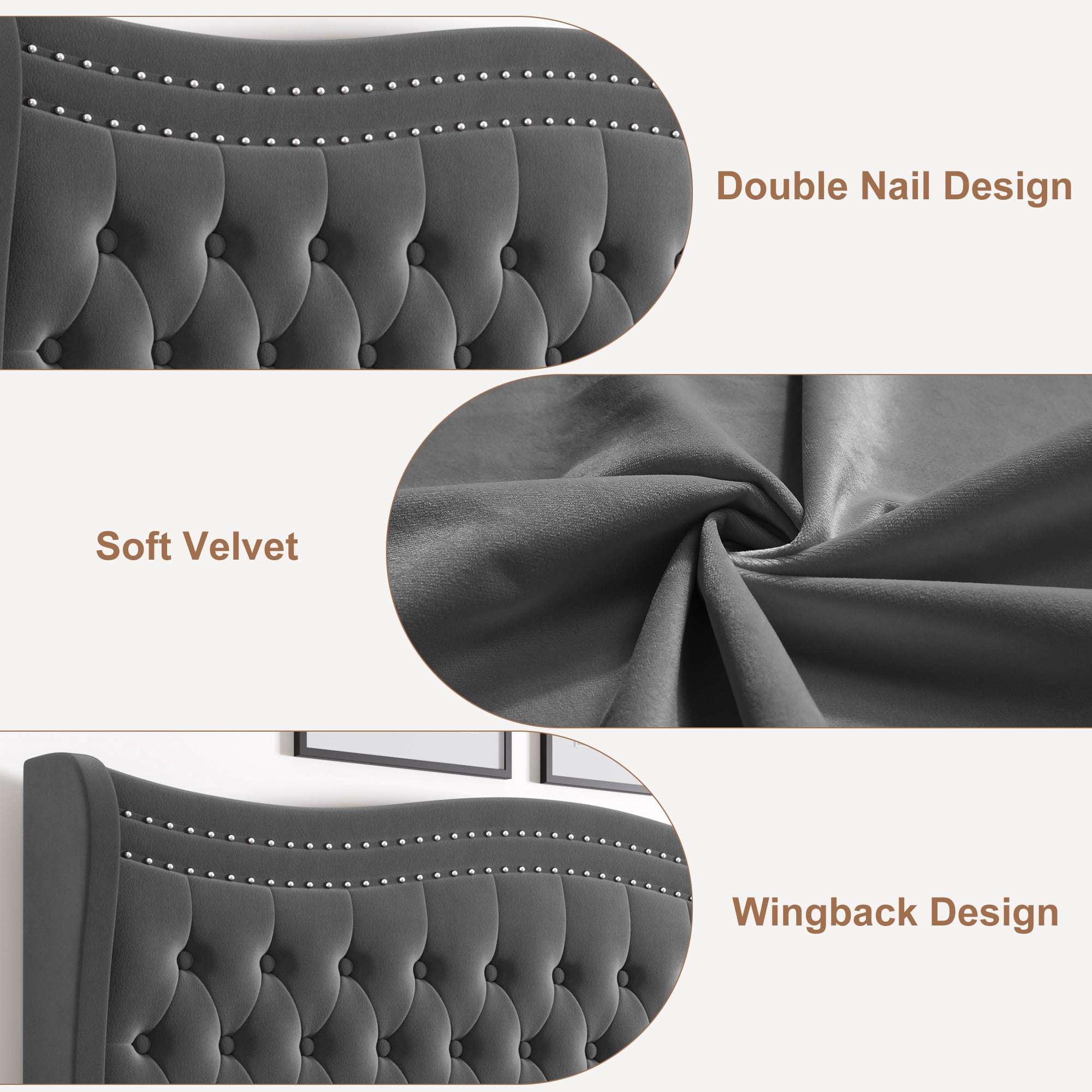 BSHTI Upholstered Queen Size Bed Frame – Diamond Tufted Wingback Headboard, No Box Spring Needed（Grey）