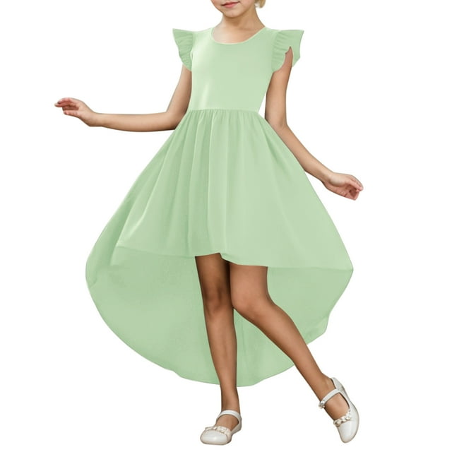 Robe Fille Enfants Enfant Filles Été Manches Charleston Asymétrique Robe Formelle Jupe Volantée Couleur Unie Robe Évasée Robes Bébé Vert 5 Ans-6 Ans