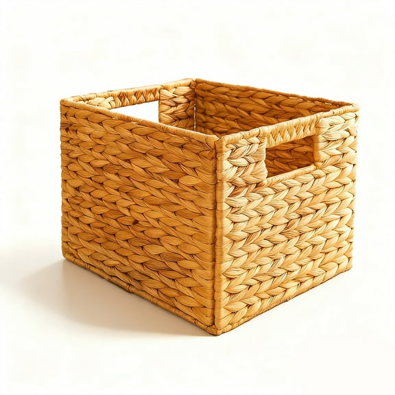 TT Water Hyacinth Storage Foldable Baskets Handwoven Wicker Cubes with Sturdy Handles Rustic Laundry Organizer for Bedroom Kitchen