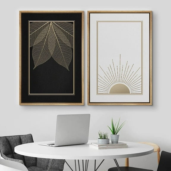 IDEA4WALL Framed Canvas Print Wall Art Set of 2 Gold & Black Forest Leaves Solar Sun Abstract Modern Art Decorative Contemporary Artwork for Bedroom, Office, Hotel - 16"x24"x2 Panels Natural