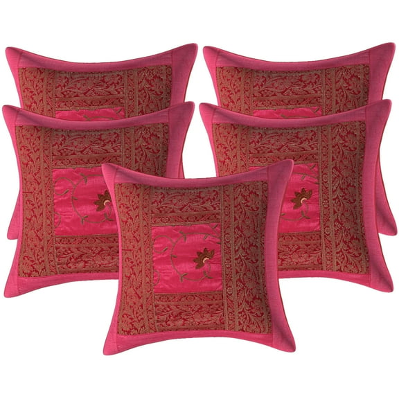 Stylo Culture Indian Settee Sofa Throw Pillow Covers Embroidered 16x16 Brocade Patchwork Pink Traditional 40x40 cm Bed Room Polydupion Floral Square Cushion Covers | Set Of 5