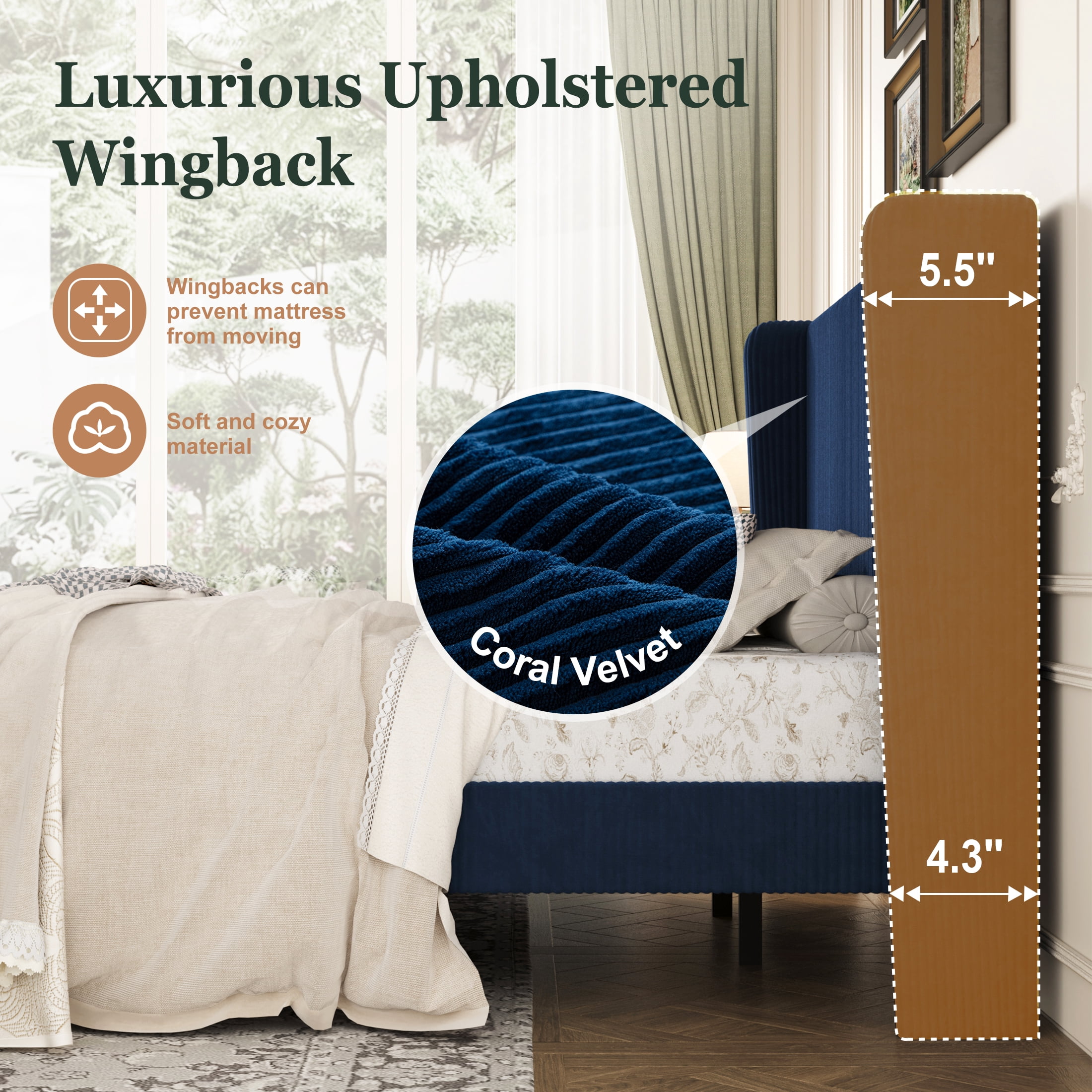 Amolife King Size Platform Bed Frame with Velvet Upholstered Wingback Headboard, Dark Blue