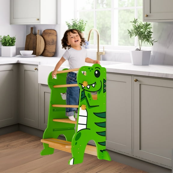 Toddler Tower Adjustable Height Trex Dino Step Stool – Kids Kitchen & Bathroom Helper