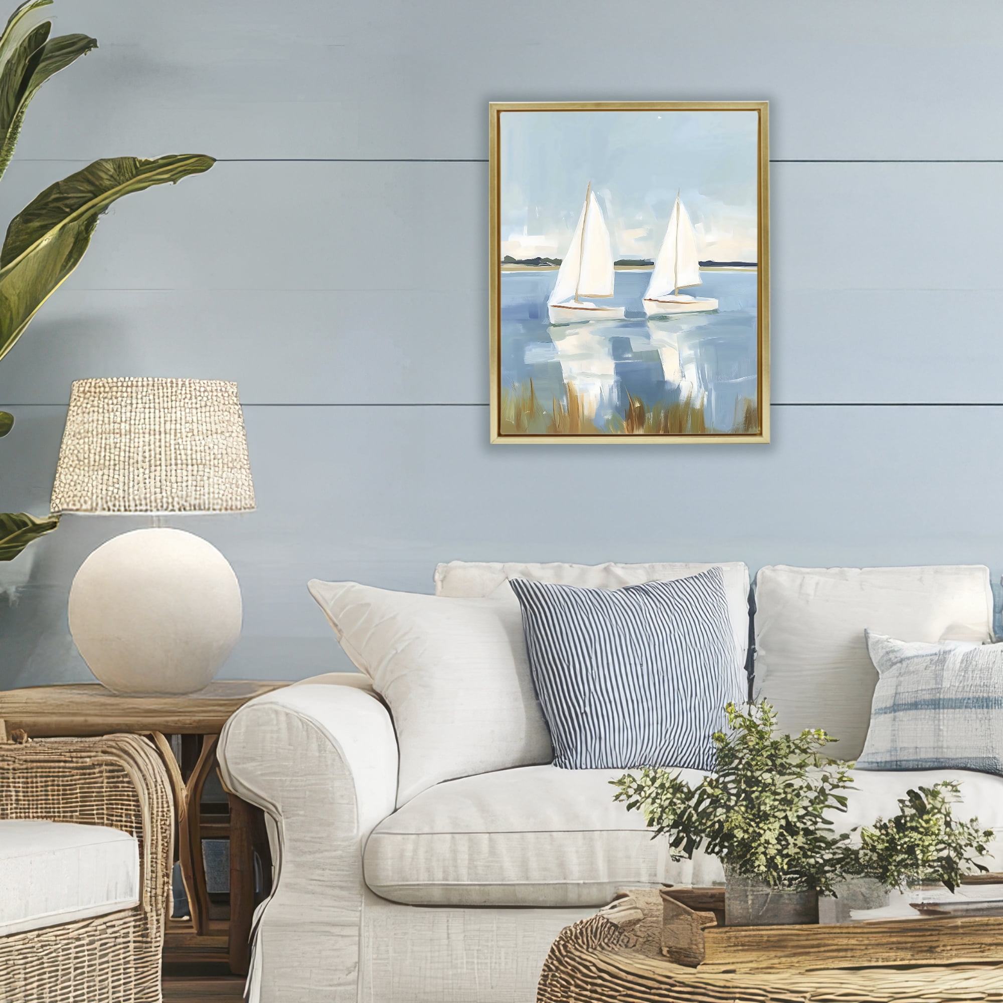 Stupell Industries Twin Sailboats By Shore Gold Framed Floater Canvas Wall Art, design by The Prints Vibe