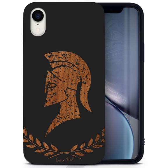 Wood phone case for iPhone XR compatible protective cell phone cover shockproof slim fit laser engraved Legionary design Black wood case for Men & Women by CaseYard