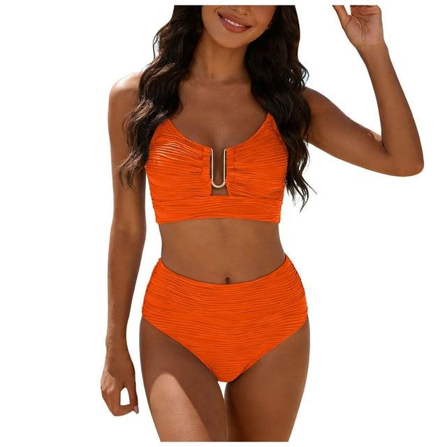 WUANDIXFA Bikini for Women High Waisted Bikini Fashion Cute Two Piece Retro Ruched High Waist Print Bikini Set Orange,M