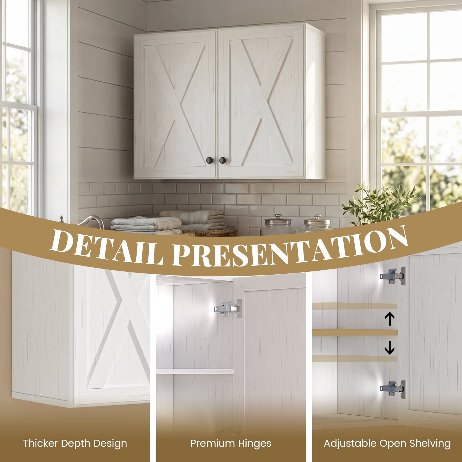 30" W Laundry Room Wall Cabinets, Farmhouse Wall Cabinet with Adjustable Shelf, Wall Mounted Storage Cabinet, Floating Cabinet for Bathroom, Kitchen