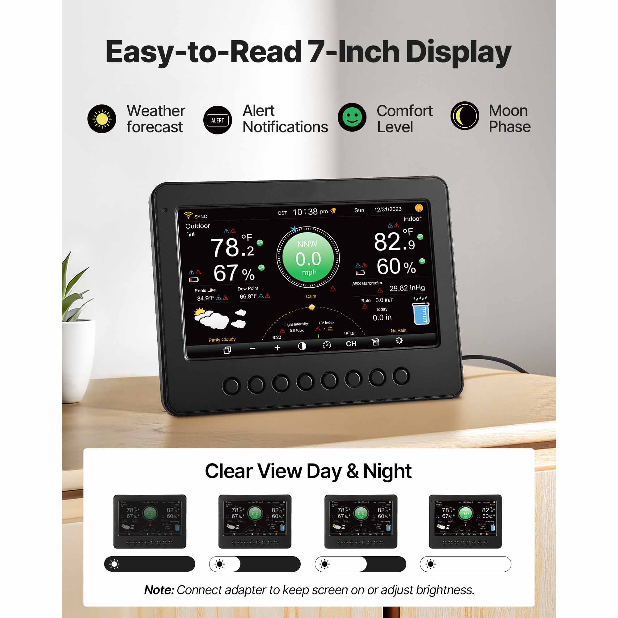 KFFKFF 7-in-1 Wi-Fi Weather Station with 7-Inch TFT Screen, Solar-Powered Wireless Outdoor Sensor, Rain Gauge, and Indoor-Outdoor Monitoring for Weather Updates, Wind, Temperature, Humidity