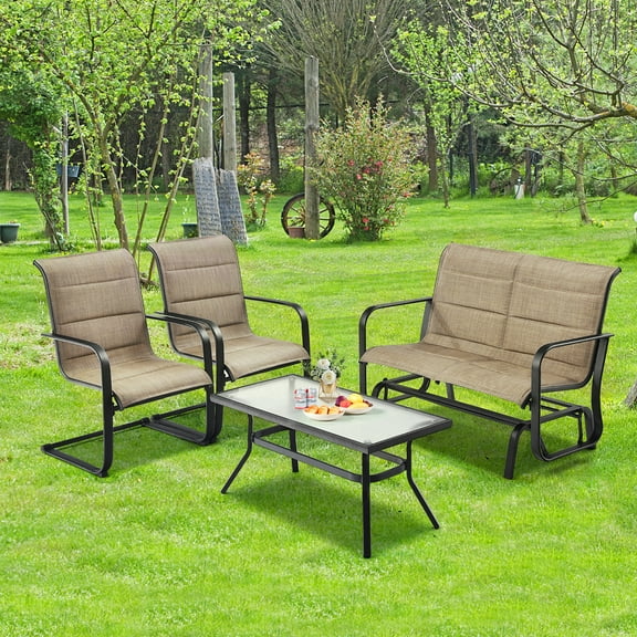 Costway 4 Piece Steel Fabric Cotton Tempered Glass Outdoor Patio Bar Set, Black/Brown