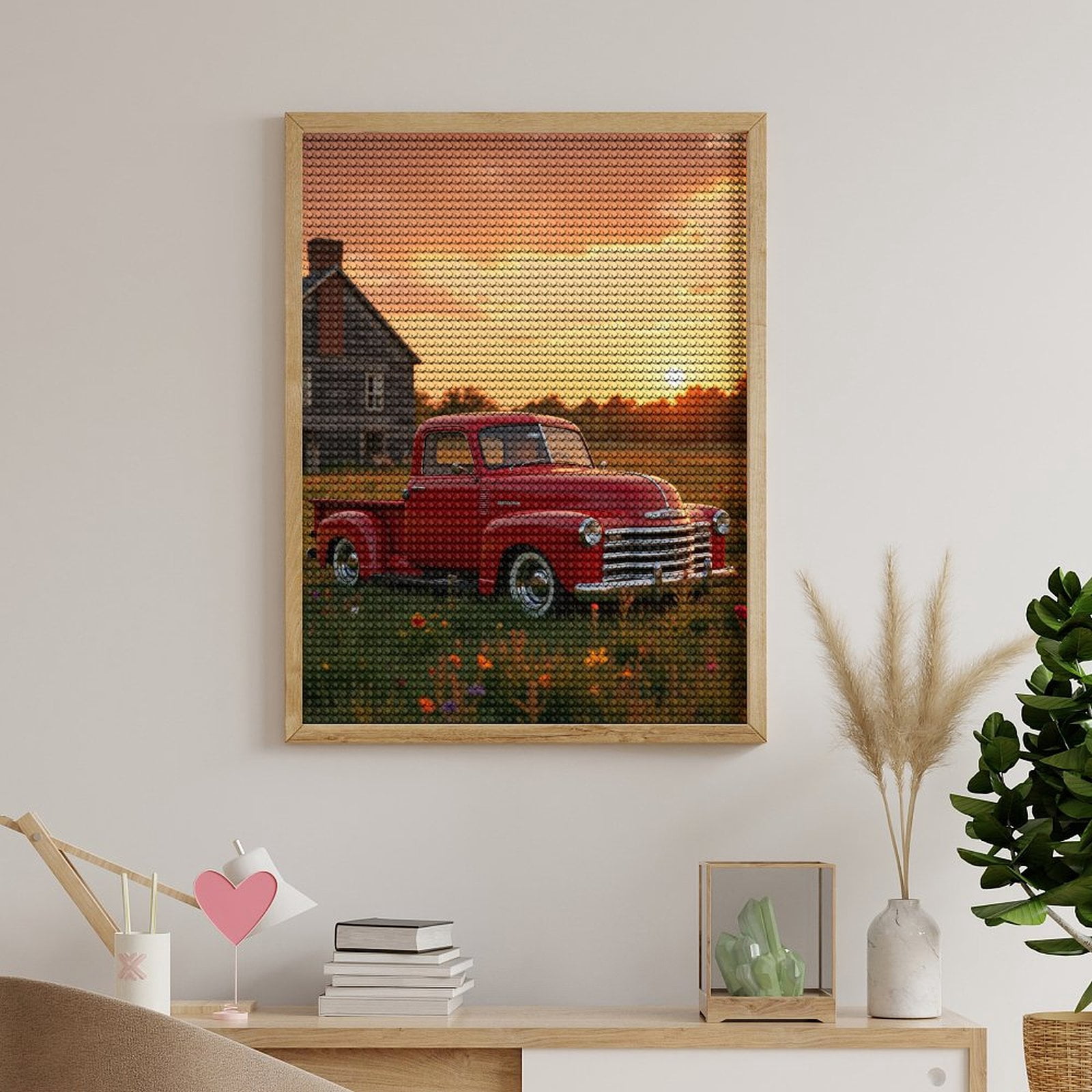 Diamond Art Kits for Adults, Classic Red Truck Sunset Field 5D Diamond Painting Kits for Adults Beginners, DIY Full Drill Diamond Painting, Gem Art and Crafts 12x16