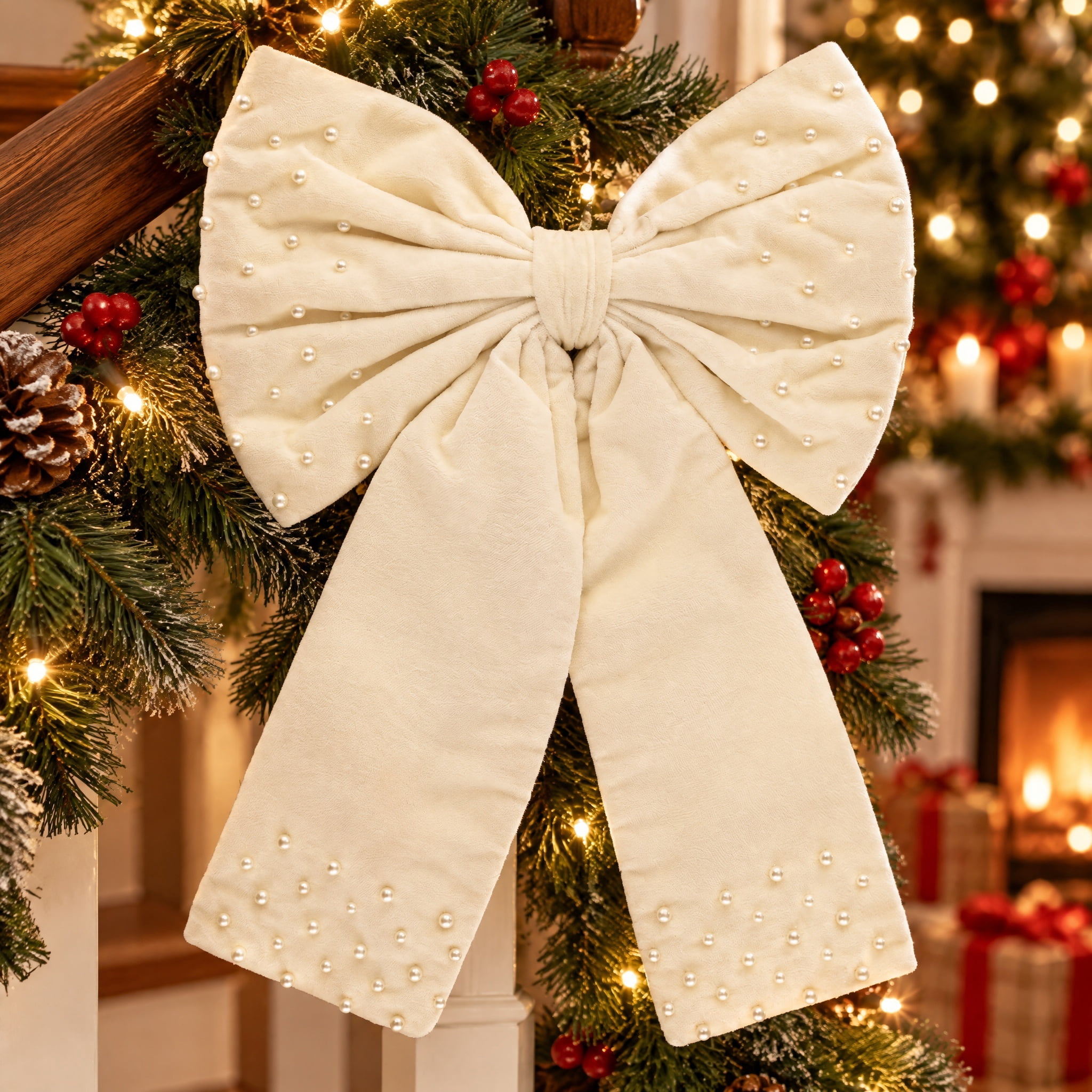 My Texas House Cream Velvet Beaded Decorative Christmas Bow, 13"