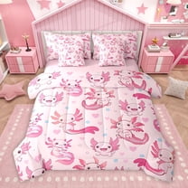 Homewish Girly Pink Axolotl Bedding Comforter Set 7pcs for Kids, Romantic Love Heart King Bedding Sets, Kawaii Cartoon Animal Reversible Bed Sheets, Ultra Soft Bedroom Decor