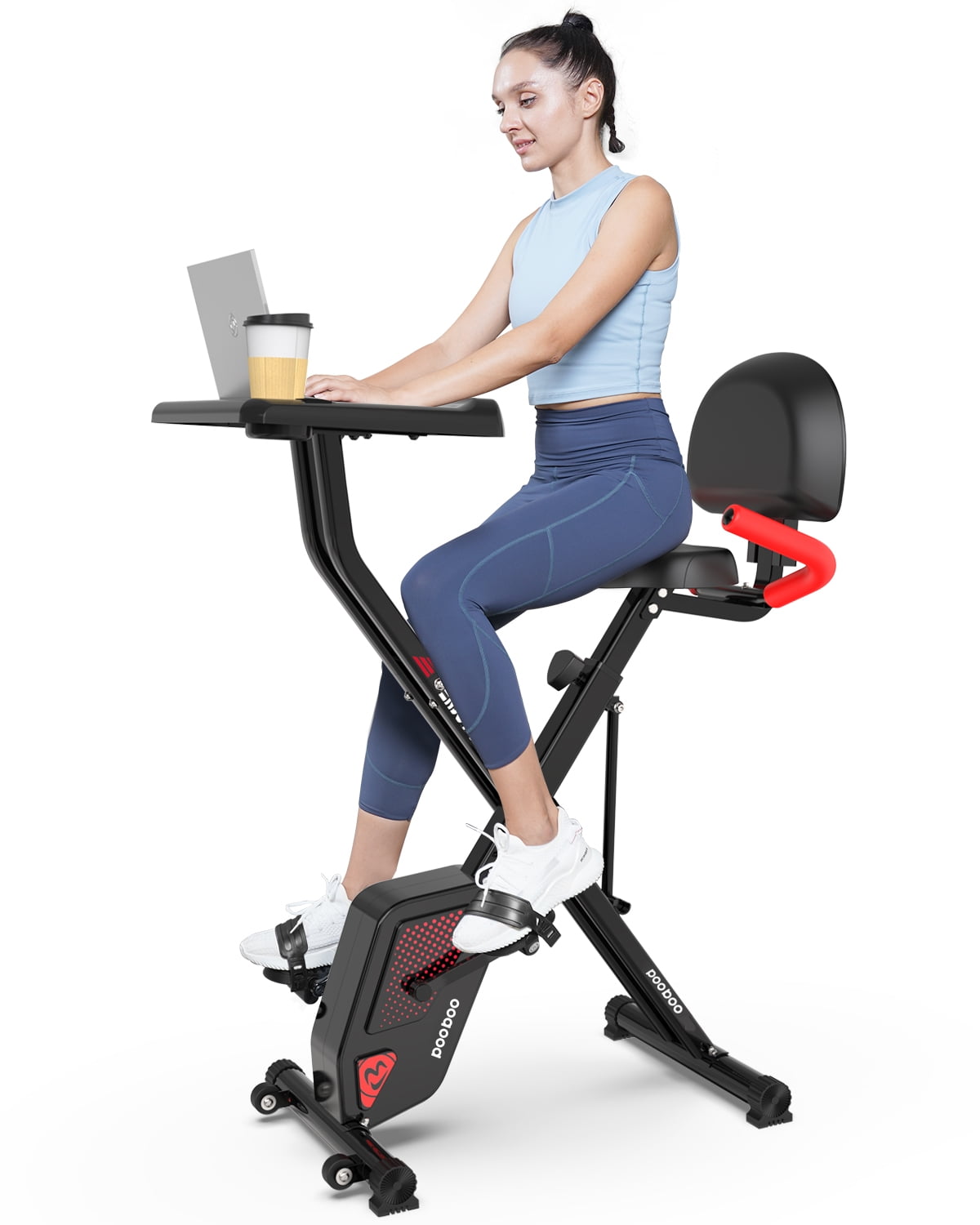 Pooboo Fully Adjustable Desk Folding Exercise Bike Fitness Stationary Bike Machine Upright Indoor Cycling Bike Magnetic X Bike Adjustable Resistance