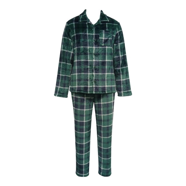 Set de pijama George para hombre, 2 piezas, con camisa de botones de manga larga y pantalón a cuadros en verde y azul, confeccionado en tela ligera pero calientita con fit regular y cintura con resorte ajustable, ideal para ropa cómoda para dormir en invierno y también adecuado para uso casual en casa.
