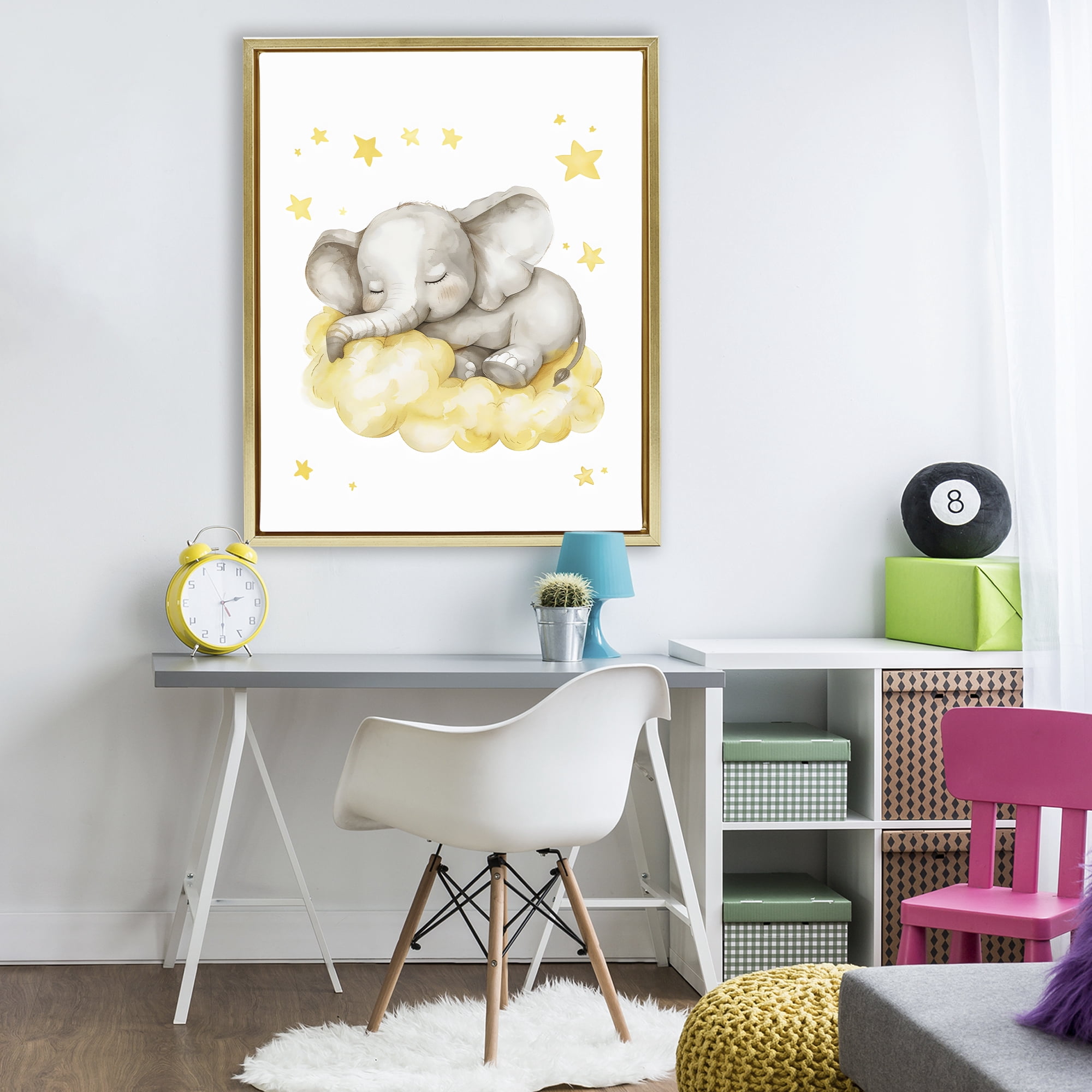 Stupell Industries Sleeping Elephant on Yellow Cloud Gold Framed Floater Canvas Wall Art, design by LSR Design Studio