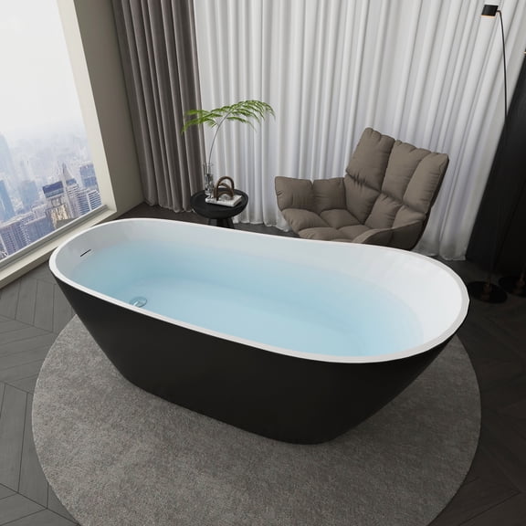 SOTUBX Free Standing Tub 59" Deep Soaking Bath Tub Contemporary Acrylic Freestanding Bathtub with Overflow and Pop-up Anti-blockage Drain A29 Stand Alone Bathtub Glossy Black Soaker Tub
