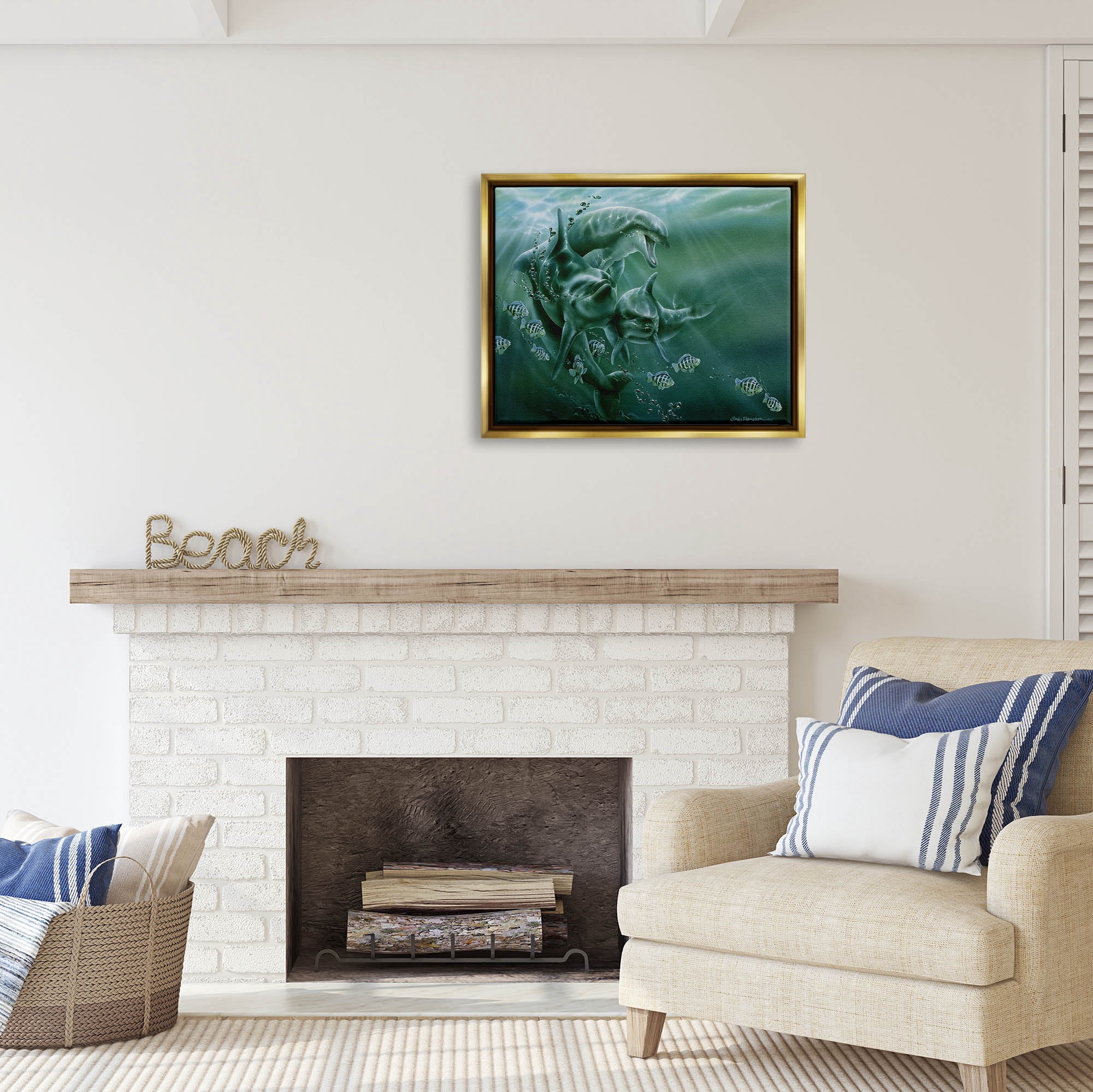 Stupell Industries Underwater Dolphins and Fish Coastal Painting Gold Floater Framed Art Print Wall Art