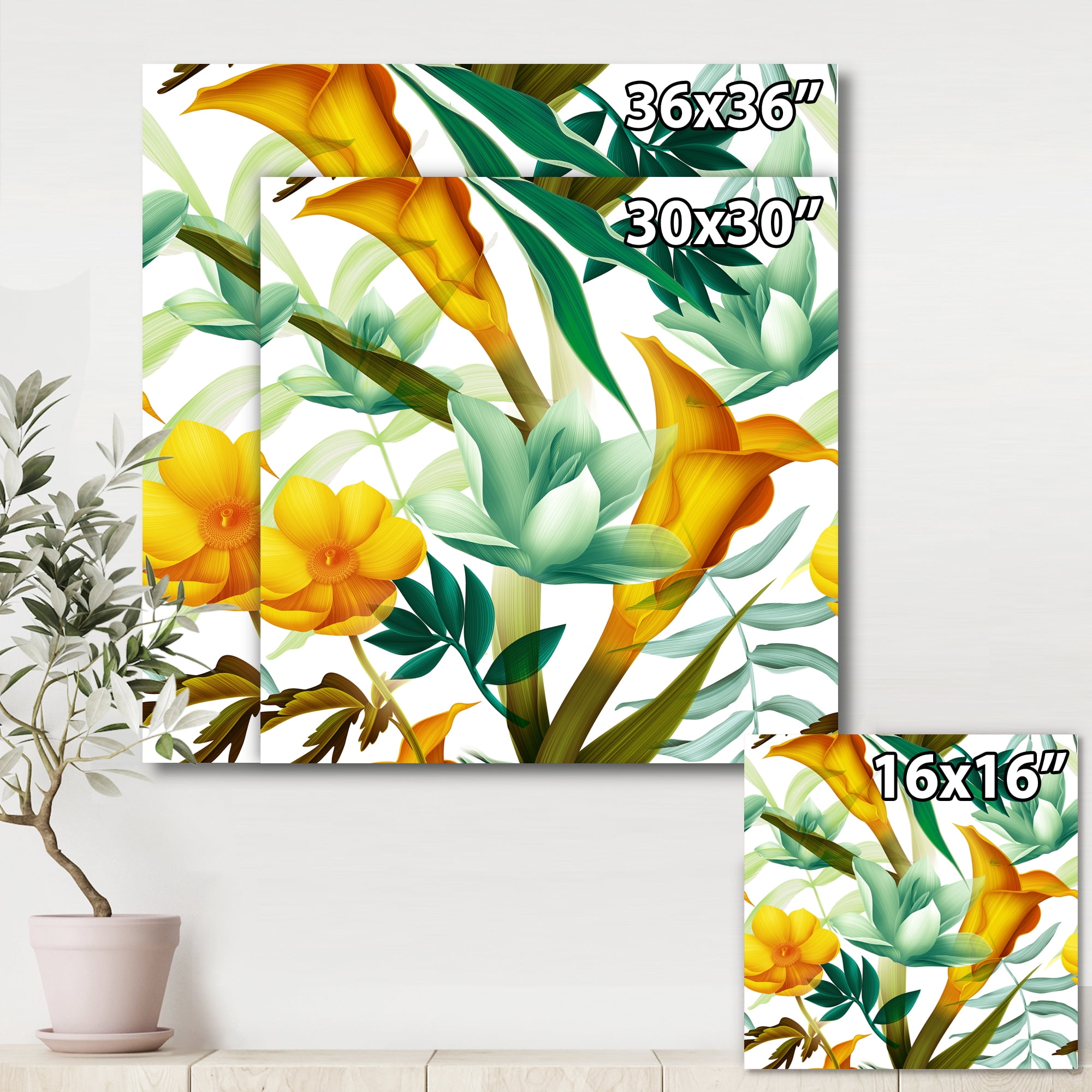 Designart ' Yellow Flowers and Tropical Foliage III ' Modern Canvas Wall Art Print