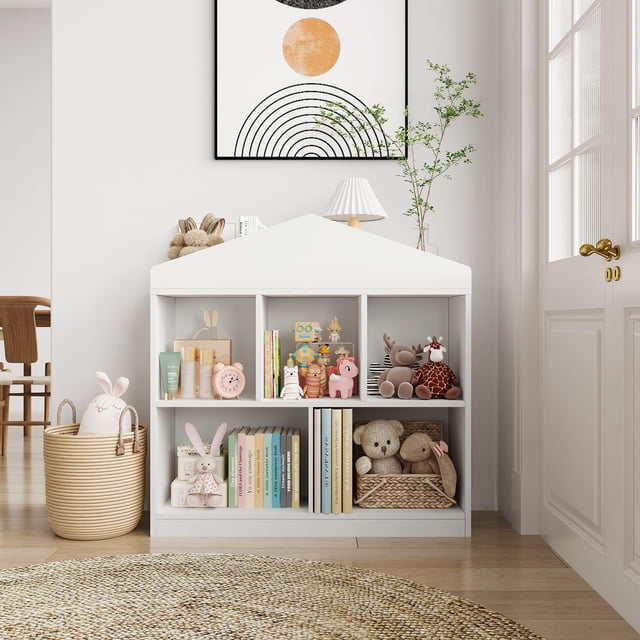 QinaQin Organizador de juguetes y libros infantil con 5 cubos, librero blanco estilo casita de juegos, ideal para cuarto de niños, guardería, nursery o playroom