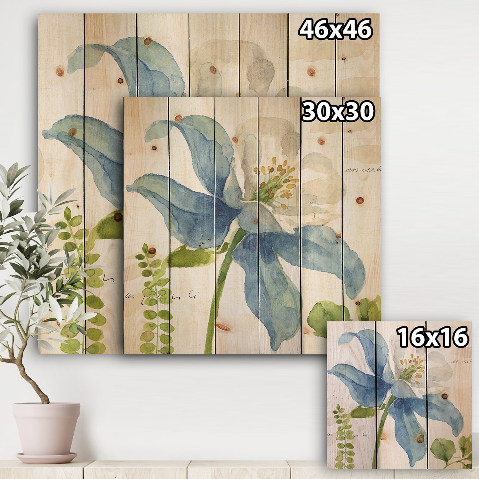 Designart 'Ferns With Blue Columbine Wild Flower' Cabin & Lodge Print on Natural Pine Wood