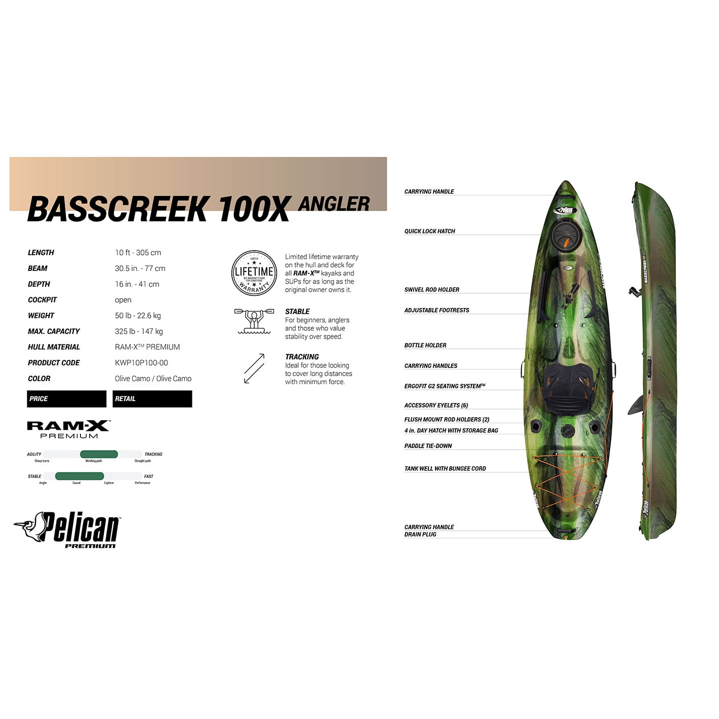 Pelican - BassCreek 100XP - Angler Fishing Kayak - 10 ft - Olive Camo 