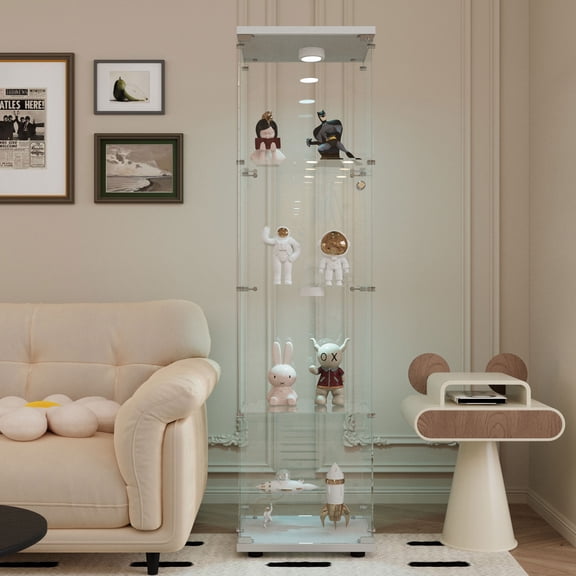 4-Tier Glass Display Cabinet with Glass Doors,65" Floor Standing Curio Bookshelf Collection Display Case for Living Room Bedroom Office,White