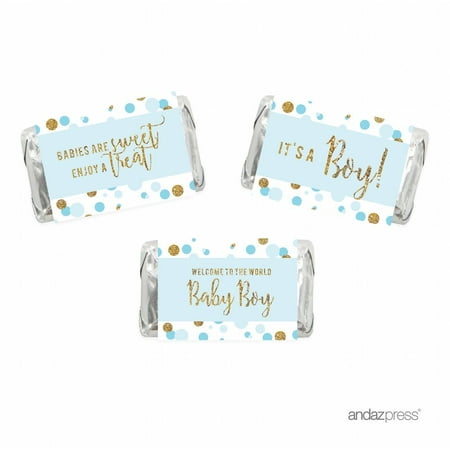 Baby Blue Gold Glitter Baby Shower Hershey´s Miniatures Mini Candy Bar Wrappers, 36-Pack