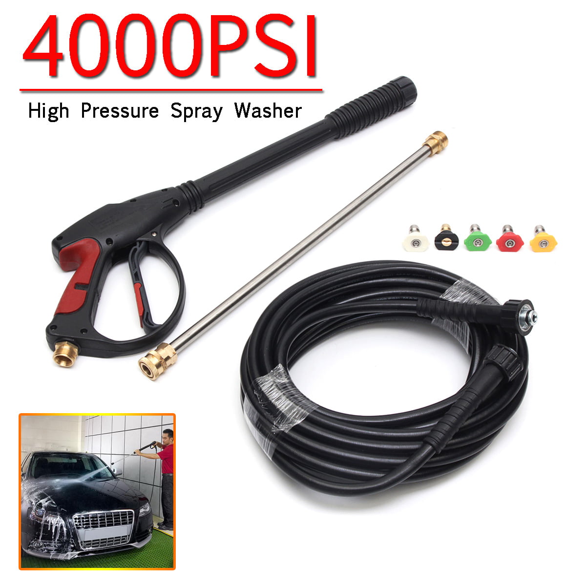 4000PSI High Pressure Car Power Washer Spray Gun Wand Lance Nozzle Tips Hose Kit 