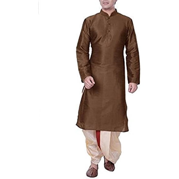Royal Kurta Men's Cotton Silk Dhoti Kurta Set (40, Brown-Gold)