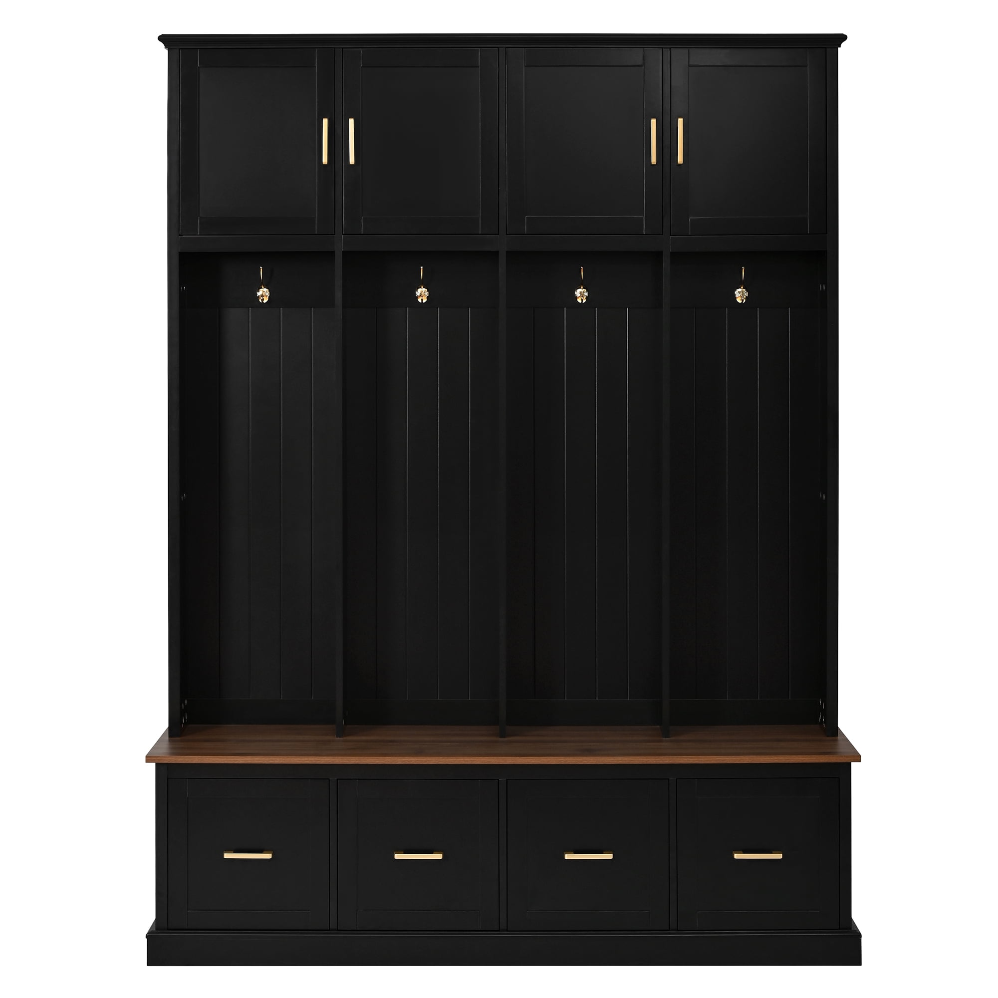 Howcool Farmhouse 59"W Hall Tree with 4 Hooks & Shoe Storage Bench,Entryway Organizer Mudroom Furniture with Upper Cabinets,Drawers,Black