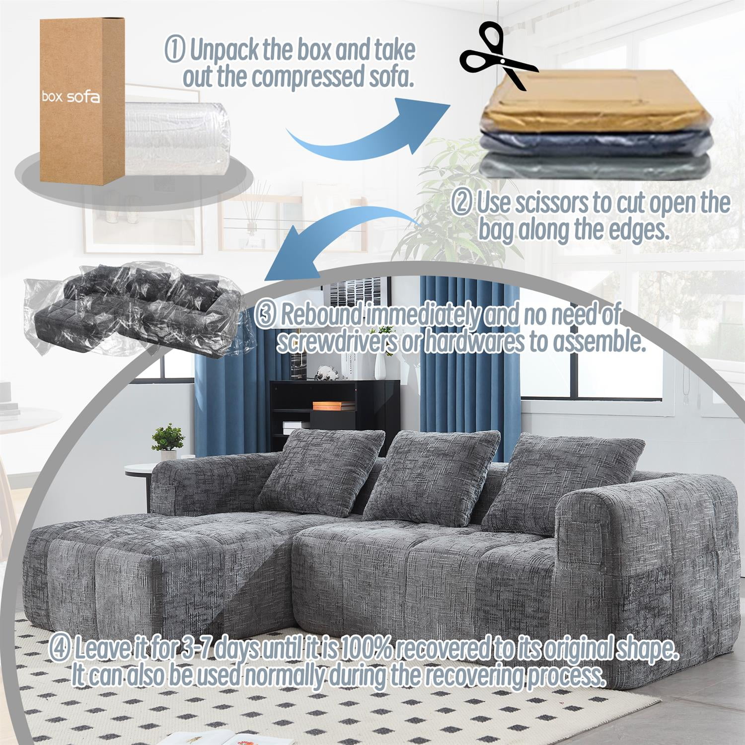 Demi Bonn 98" L-Shaped Modular Sectional Sofa with Chaise, Side Pockets, Modern Comfort Couch, Compression-Free Installation for Living Room, Gray