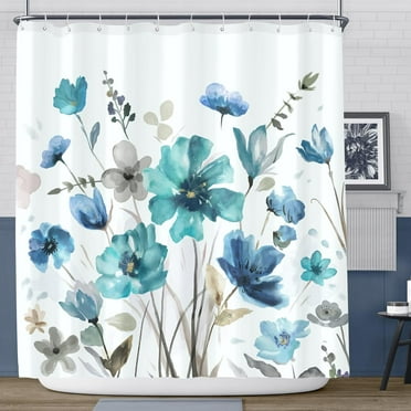 Watercolor Floral Plant Shower Curtain, Teal Blue and Grey Floral Botanical Shower Curtain Set 12 Hooks 72x72 inch