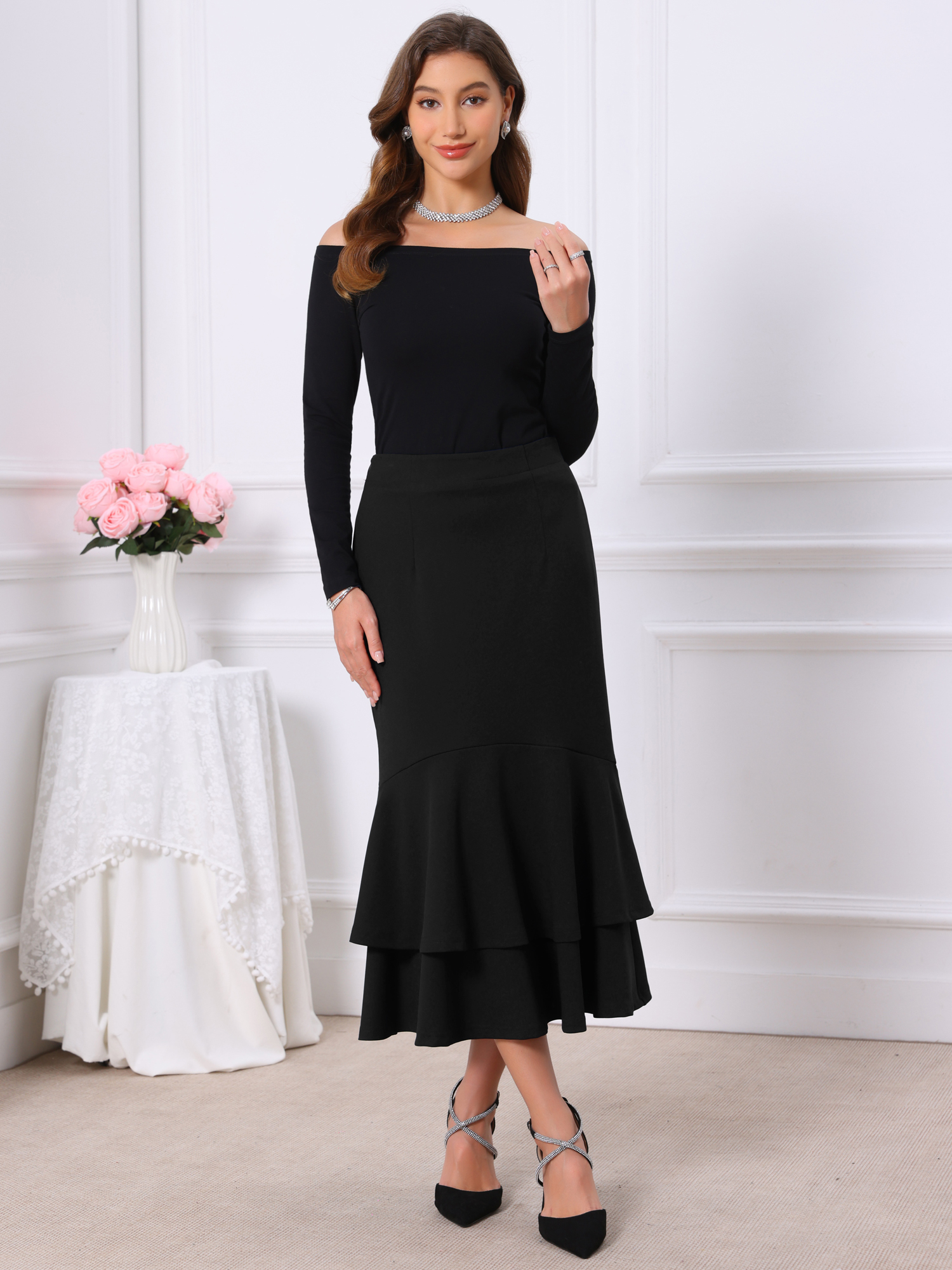 DARING DIVA Women's Ruffle Fishtail Skirt High Waist Bodycon Skirts S Black