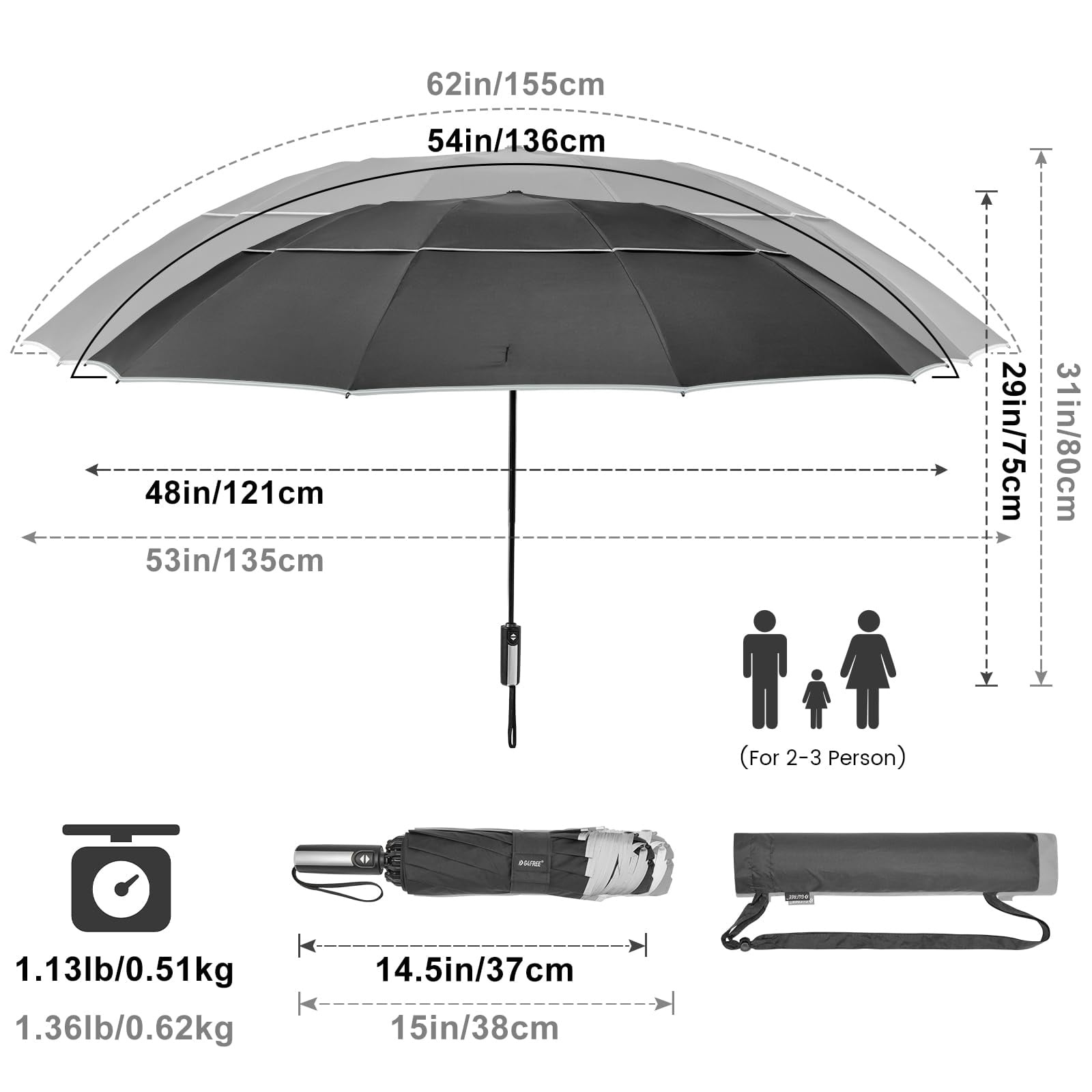 G4Free 54/62 inch Windproof Inverted Umbrella, Reflective Stripe Double Canopy, Automatic Open/Close, Compact for Travel, 10 Ribs Rain Protection