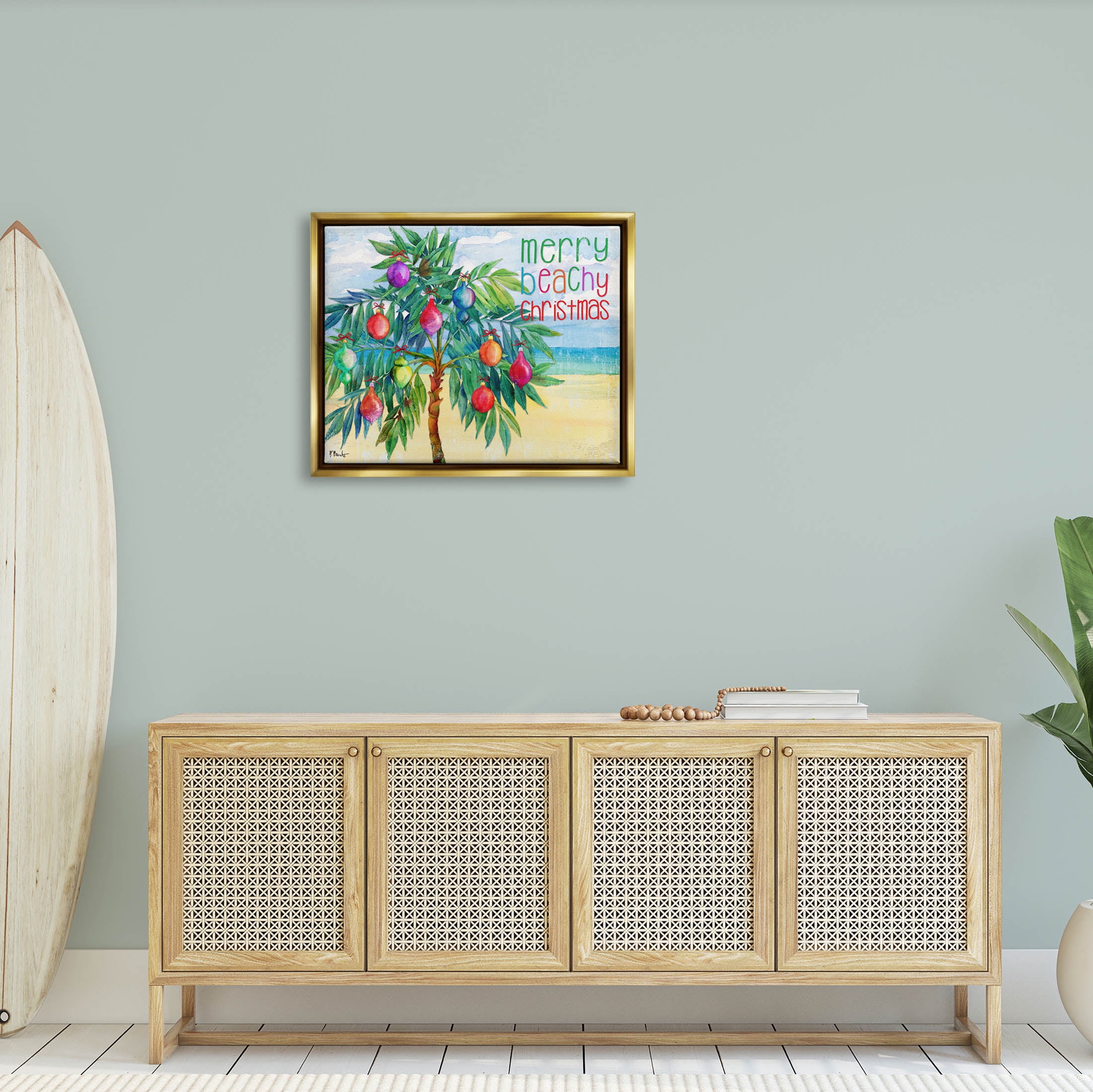 Stupell Industries Merry Beachy Christmas Holiday Palm Graphic Art Metallic Gold Floating Framed Canvas Print Wall Art, Design by Paul Brent