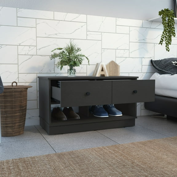 Knubmt Storage Bench with 2 Open Shelves and 2 Drawers, Perfect for Living Room, Bedroom, Black