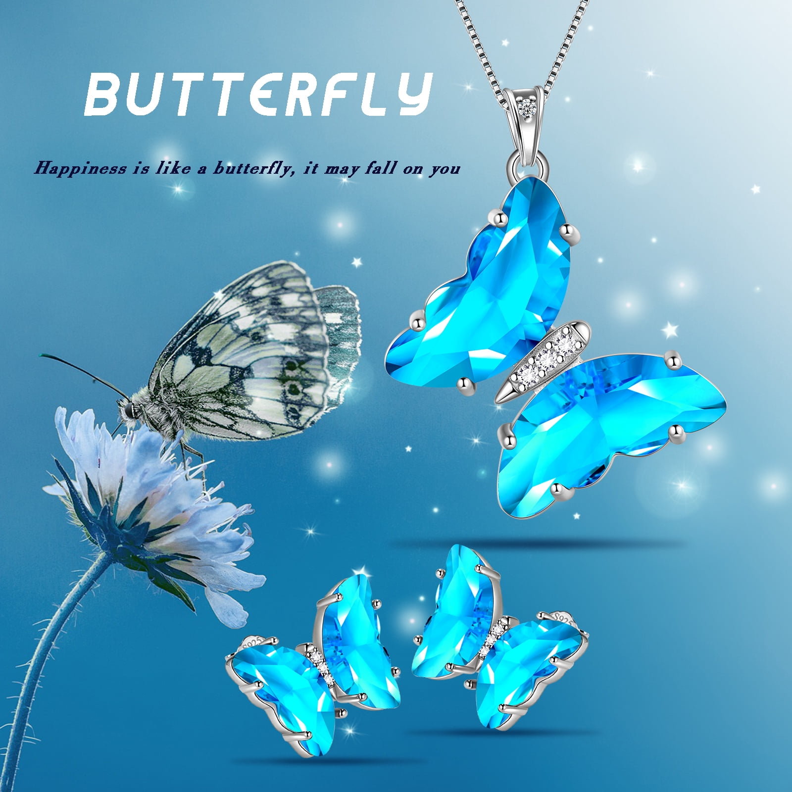 Blue Butterfly Jewelry Sets Necklace Earrings Sterling Silver Aquamarine Jewelry Set March Birthstone Crystal Women Birthday Mother's Day Gifts