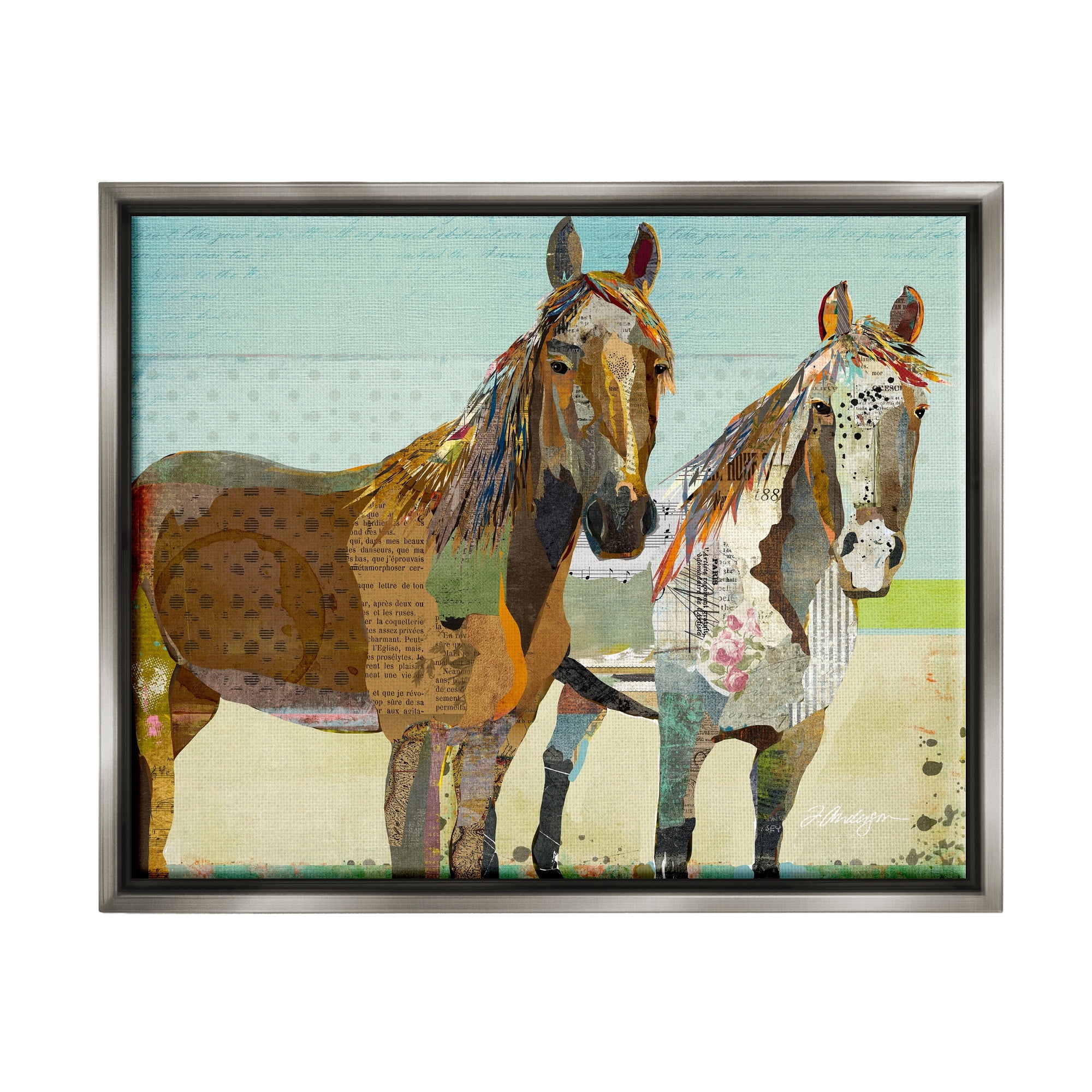 Stupell Industries Wild Farm Horses Layered Newsprint Collage Arrangement Graphic Art Luster Gray Floating Framed Canvas Print Wall Art, Design by Traci Anderson