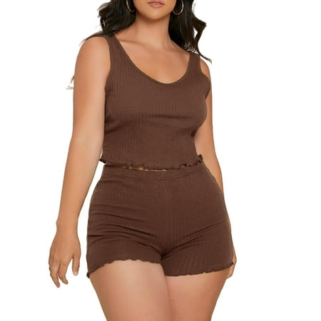 

Casual Plain Scoop Neck Short Sets Coffee Brown Sleeveless Plus Size Pajama Sets