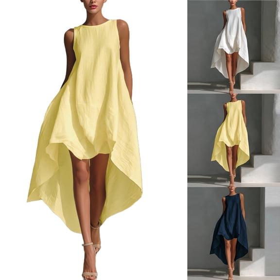 Smsaxvxz Summer Dresses for Women Fashion Solid Crew Neck Sleeveless Flowy Hem Casual Loose Beach Vacation Sundress Yellow M
