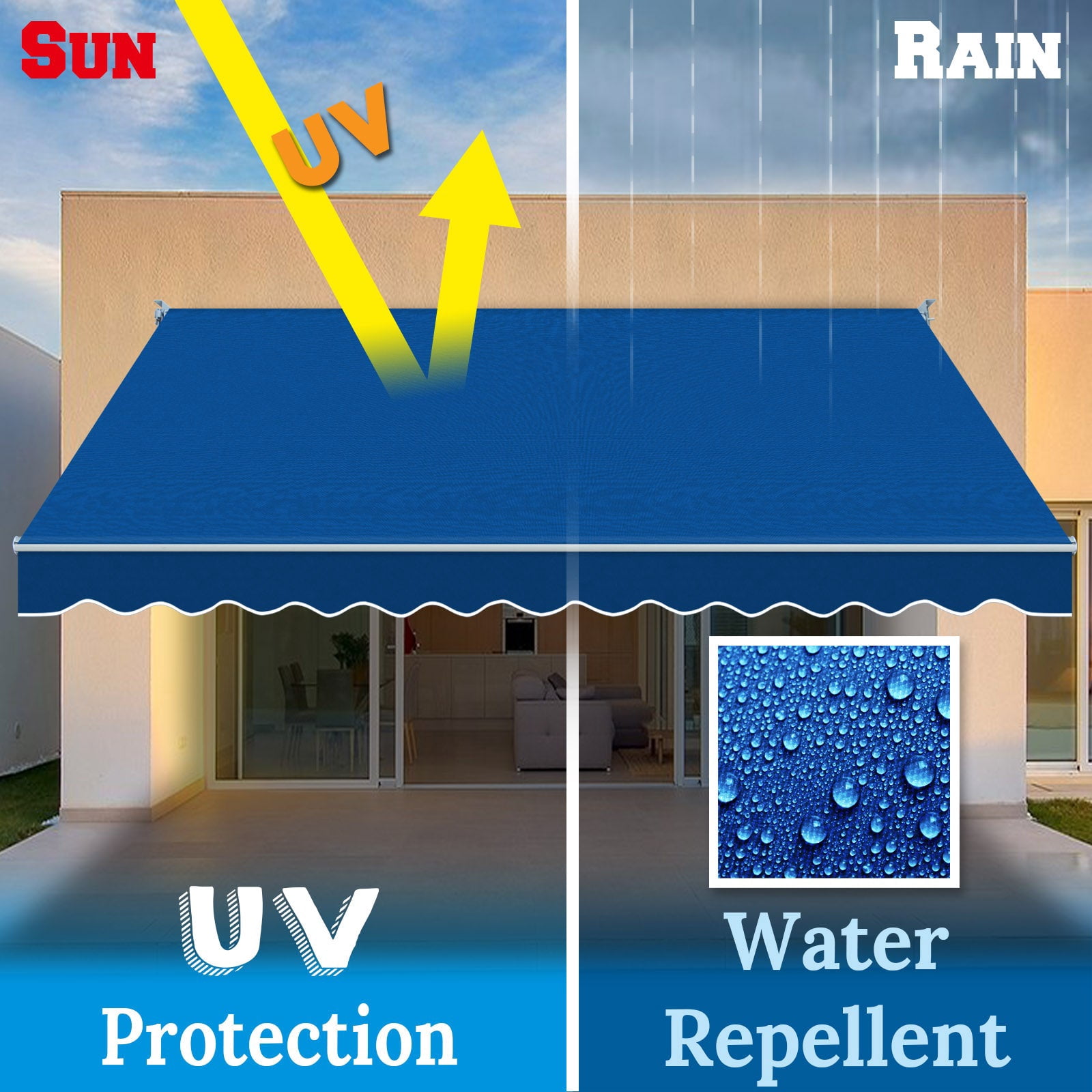 SUNNYOUTDOOR 12x10 FT Patio Awning Retractable Outdoor Sun Shade Manual Patio Deck Awning Heavy Duty Awning (Blue)