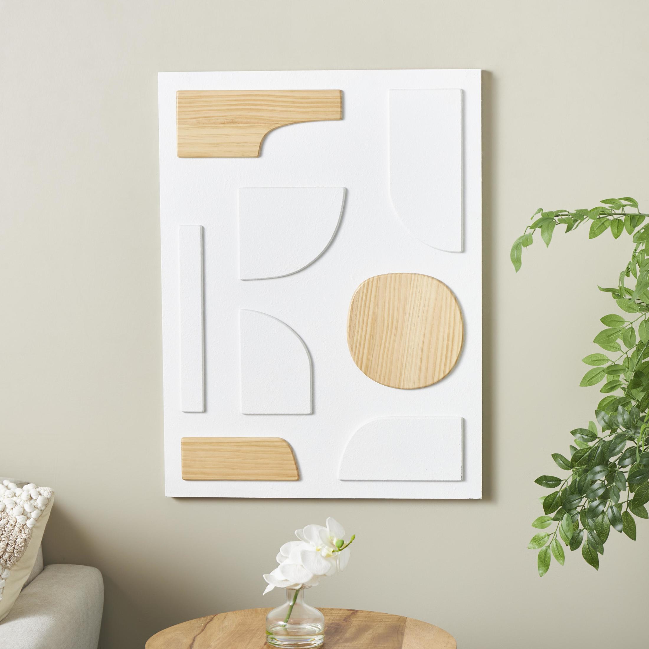 DecMode White Wood Dimensional Art Deco Shapes Geometric Wall Decor with Brown Accents